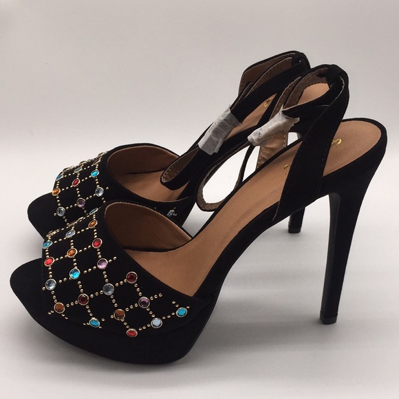 Qupid Ladies Platform Black Suede 5” Heels Pumps Open Toe Black Suede Size 10 - Picture 13 of 16